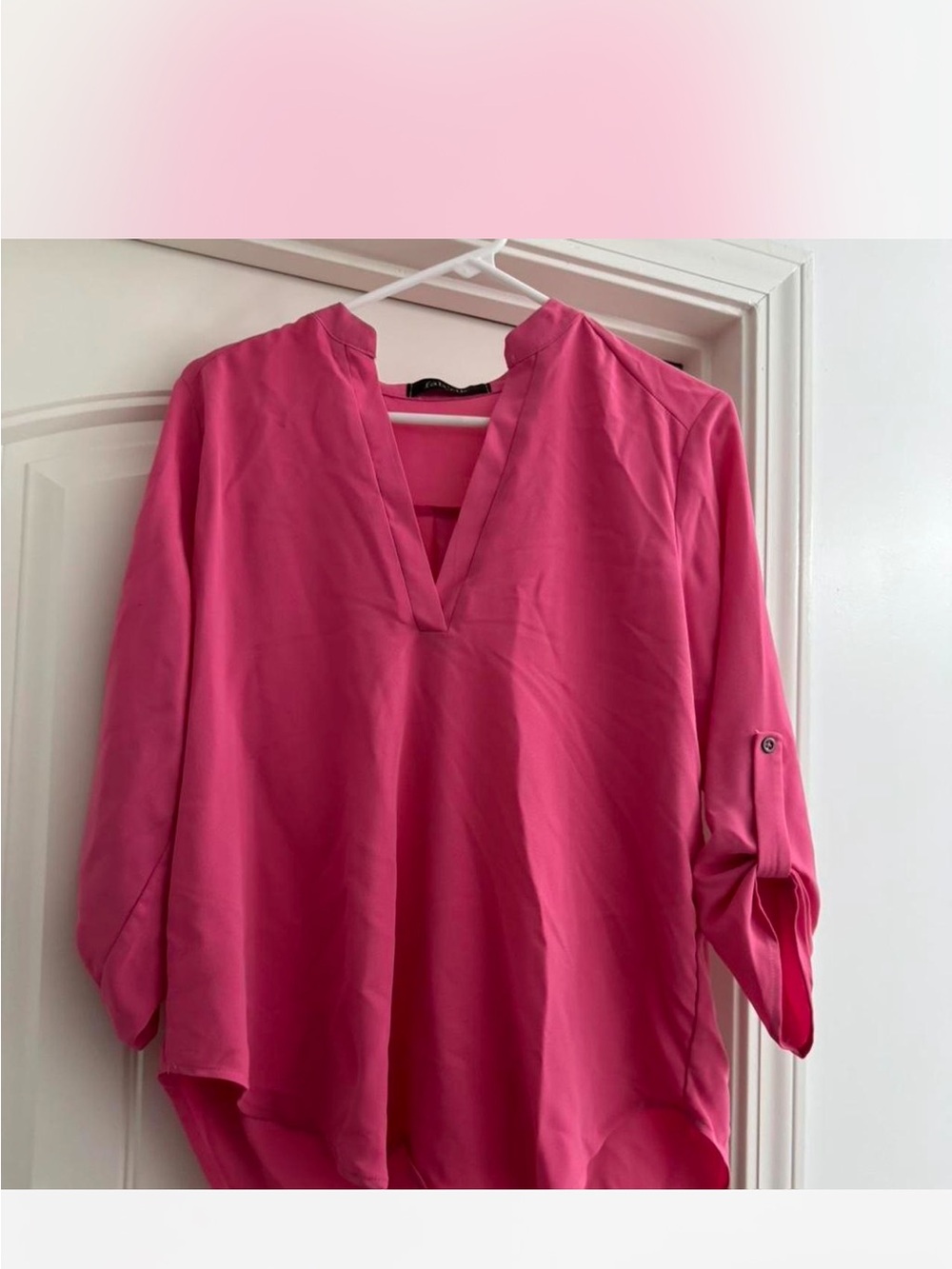 Women’s V-Neck Roll-Sleeve Blouse - Hot Pink